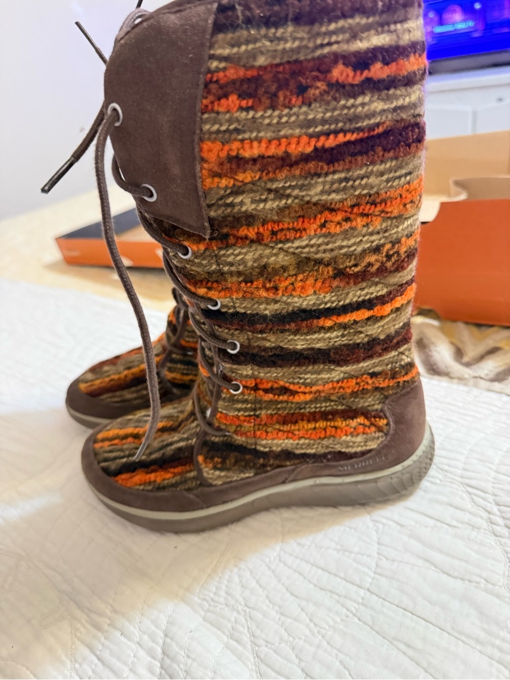 Merrell Women’s Brown and Orange Knit Lace-Up Boots